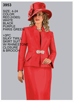 Lily & Taylor <br> (Volume 136) <br> LT3953 <br> <br> RED <br>  WHITE <br>  BLACK <br>  PURPLE <br>  PARIS-GREEN <br> 4 6 8 10 12 14 16 18 20 22 24<BR><BR>3Pc Silky Twill Skirt Suit w/Rhinestone Closure & Brooch