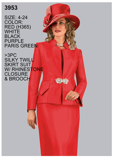 Lily & Taylor <br> (Volume 136) <br> LT3953 <br> <br> RED <br>  WHITE <br>  BLACK <br>  PURPLE <br>  PARIS-GREEN <br> 4 6 8 10 12 14 16 18 20 22 24<BR><BR>3Pc Silky Twill Skirt Suit w/Rhinestone Closure & Brooch