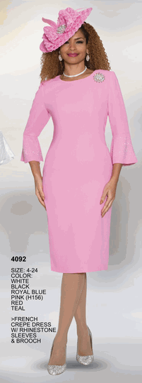 Lily & Taylor <br> (Volume 134) <br> LT4092 <br> <br> White  <br>  Black  <br>  Royal-Blue  <br>  Pink  <br>  Red  <br>  Teal <br> 4 6 8 10 12 14<br>   16 18 20 22 24<BR><BR>French Crepe Dress w/Rhinestone Sleeves & Brooch