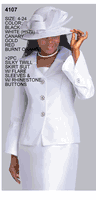 Lily & Taylor <br> (Spring/Summer Vol 128) <br> LT4107 <br> <br> Burnt-Orange  <br>  Ice-Blue  <br>  Canary  <br>  White  <br>  Black  <br>  Gold  <br>  Red <br> <BR><BR>2 Pc. Silky Twill Skirt Suit w/Rhinstone Buttons & Bell Sleeves