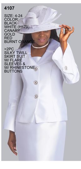 Lily & Taylor <br> (Spring/Summer Vol 128) <br> LT4107 <br> <br> Burnt-Orange  <br>  Ice-Blue  <br>  Canary  <br>  White  <br>  Black  <br>  Gold  <br>  Red <br> <BR><BR>2 Pc. Silky Twill Skirt Suit w/Rhinstone Buttons & Bell Sleeves