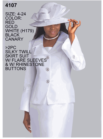 Lily & Taylor <br> (Volume 136) <br> LT4107 <br> <br> RED <br>  GOLD <br>  WHITE <br>  BLACK <br>  CANARY <br> 4 6 8 10 12 14 16 18 20 22 24<BR><BR>2Pc Silky Twill Skirt Suit w/Flare Sleeves & w/Rhinestone Buttons