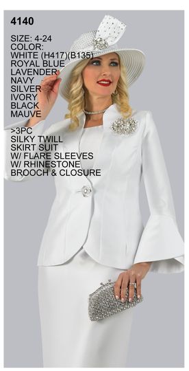 Lily & Taylor <br> (Spring/Summer Vol 128) <br> LT4140 <br> <br> Royal-Blue  <br>  Lavender  <br>  Silver  <br>  Mauve  <br>  Black  <br>  Ivory  <br>  White <br> <BR><BR>2 Pc. Silky Twill Skirt Suit w/Rhinestone Button & Brooch w/Bell Sleeve