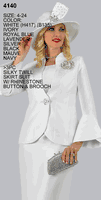 Lily & Taylor <br> (Volume 133) <br> LT4140 <br> <br> White  <br>  Ivory   <br>  Royal-Blue   <br>  Lavender   <br>  Silver   <br>  Black   <br>  Mauve   <br>  Navy  <br>  4 6 8 10 12 14 16 18 20 22 24 <BR><BR> 3PC Silky Twill Skirt Suit with Rhinestone Button & Brooch