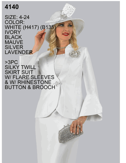 Lily & Taylor <br> (Volume 136) <br> LT4140 <br> <br> WHITE <br>  IVORY <br>  BLACK <br>  MAUVE <br>  SILVER <br>  LAVENDER <br> 4 6 8 10 12 14 16 18 20 22 24<BR><BR>3Pc Silky Twill Skirt Suit w/Flare Sleeves & w/Rhinestone Button & Brooch