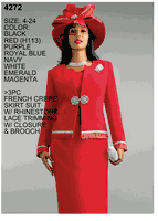 Lily & Taylor <br> (Spring/Summer Vol 129) <br> LT4272 <br> <br> Red  <br>  Magenta  <br>  Peach  <br>  Black  <br>  White  <br>  Royal-Blue  <br>  Hot-Pink  <br>  Emerald  <br>  Purple  <br>  Navy <br> 4 6 8 10 12 14 <br> 16 18 20 22 24<BR><BR>3 Pc. French Crepe Skirt Suit w/Rhinestone Brooch & Closure