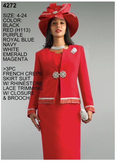 Lily & Taylor <br> (Spring/Summer Vol 129) <br> LT4272 <br> <br> Red  <br>  Magenta  <br>  Peach  <br>  Black  <br>  White  <br>  Royal-Blue  <br>  Hot-Pink  <br>  Emerald  <br>  Purple  <br>  Navy <br> 4 6 8 10 12 14 <br> 16 18 20 22 24<BR><BR>3 Pc. French Crepe Skirt Suit w/Rhinestone Brooch & Closure