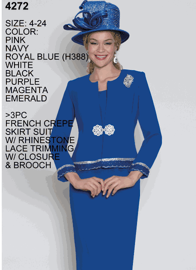 Lily & Taylor <br> (Volume 133) <br> LT4272 <br> <br> Pink   <br>  Navy   <br>  Royal-Blue     <br>  White   <br>  Black   <br>  Purple   <br>  Magenta   <br>  Emerald  <br>  4 6 8 10 12 14 16 18 20 22 24 <BR><BR> 3PC French Crepe Skirt Suit with Rhinestone Lace Trimming with Closure & Brooch