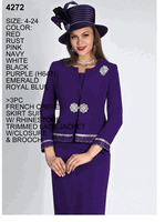 Lily & Taylor <br> (Volume 136) <br> LT4272 <br> <br> RED <br>  RUST <br>  PINK <br>  NAVY <br>  WHITE <br>  BLACK <br>  PURPLE <br>  EMERALD <br>  ROYAL-BLUE <br> 4 6 8 10 12 14 16 18 20 22 24<BR><BR>3Pc French Crepe Skirt Suit w/Rhinestone Trimmed Lace Jacket w/Closure & Brooch