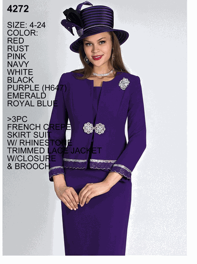 Lily & Taylor <br> (Volume 136) <br> LT4272 <br> <br> RED <br>  RUST <br>  PINK <br>  NAVY <br>  WHITE <br>  BLACK <br>  PURPLE <br>  EMERALD <br>  ROYAL-BLUE <br> 4 6 8 10 12 14 16 18 20 22 24<BR><BR>3Pc French Crepe Skirt Suit w/Rhinestone Trimmed Lace Jacket w/Closure & Brooch