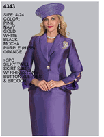 Lily & Taylor <br> (Volume 136) <br> LT4343 <br> <br> PINK <br>  NAVY <br>  GOLD <br>  WHITE <br>  BLACK <br>  MOCHA <br>  PURPLE <br>  ORANGE <br> 4 6 8 10 12 14 16 18 20 22 24<BR><BR>3Pc Silky Twill Skirt Suit w/Rhinestone Button Sleeves & Brooch