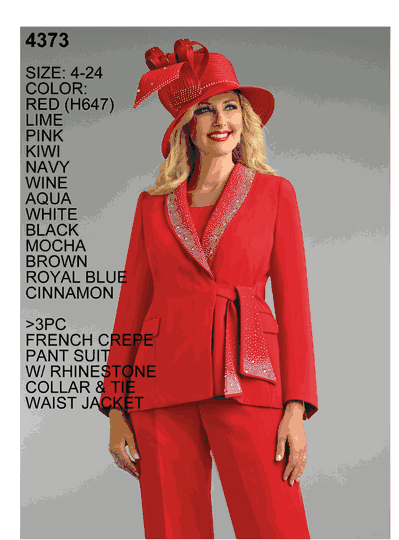 Lily & Taylor <br> (Spring/Summer Vol 128) <br> LT4373 <br> <br> Cinnamon  <br>  Royal-Blue  <br>  Brown  <br>  Mocha  <br>  Black  <br>  White  <br>  Aqua  <br>  White  <br>  Navy  <br>  Kiwi  <br>  Lime  <br>  Red <br> <BR><BR>3 Pc. French Crepe Pant Suit w/Rhinestone Collar & Tie Waist Jacket
