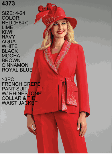Lily & Taylor <br> (Volume 133) <br> LT4373 <br> <br> Red   <br>  Lime   <br>  Kiwi   <br>  Navy   <br>  Aqua   <br>  White   <br>  Black   <br>  Mocha   <br>  Brown   <br>  Cinnamon   <br>  Royal-Blue  <br>  4 6 8 10 12 14 16 18 20 22 24 <BR><BR> 3PC French Crepe Pant Suit with Rhinestone Collar & Tie Waist Jacket