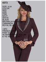 Lily & Taylor <br> (Volume 136) <br> LT4373 <br> <br> RED <br>  KIWI <br>  PINK <br>  NAVY <br>  WHITE <br>  BLACK <br>  BROWN <br>  CINNAMON <br>  ROYAL-BLUE <br> 4 6 8 10 12 14 16 18 20 22 24<BR><BR>3Pc French Crepe Pant Suit w/Rhinestone Collar & Tie Waist Jacket