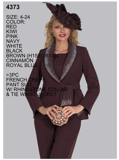 Lily & Taylor <br> (Volume 136) <br> LT4373 <br> <br> RED <br>  KIWI <br>  PINK <br>  NAVY <br>  WHITE <br>  BLACK <br>  BROWN <br>  CINNAMON <br>  ROYAL-BLUE <br> 4 6 8 10 12 14 16 18 20 22 24<BR><BR>3Pc French Crepe Pant Suit w/Rhinestone Collar & Tie Waist Jacket