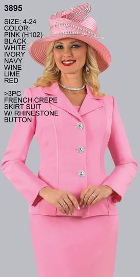 Lily & Taylor <br> (Volume 133) <br> LT3895 <br> <br> Pink   <br>  Black   <br>  White   <br>  Ivory   <br>  Navy   <br>  Wine   <br>  Lime   <br>  Red <br> 4 6 8 10 12 14 16 18 20 22 24<BR><BR>3PC French Crepe Skirt Suit w/ Rhinestone Button