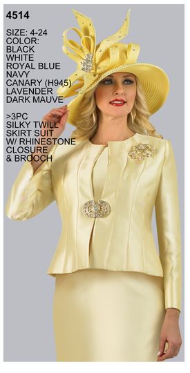 Lily & Taylor <br> (Spring/Summer Vol 128) <br> LT4514 <br> <br> Dark-Mauve  <br>  Lavender  <br>  Canary  <br>  Black  <br>  White  <br>  Lilac  <br>  Mint <br> <BR><BR>3 Pc. Silky Twill Skirt Suit w/Rhinestone Closure & Brooch