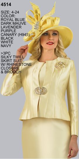 Lily & Taylor <br> (Volume 133) <br> LT4514 <br> <br>  Royal-Blue   <br>  Dark-Mauve   <br>  Lavender   <br>  Purple   <br>  Canary    <br>  Black   <br>  White   <br>  Navy <br>  4 6 8 10 12 14 16 18 20 22 24 <BR><BR> 3PC Silky Twill Skirt Suit with Rhinestone Closure & Brooch
