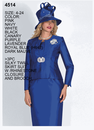 Lily & Taylor <br> (Volume 136) <br> LT4514 <br> <br> PINK <br>  NAVY <br>  WHITE <br>  BLACK <br>  CANARY <br>  PURPLE <br>  LAVENDER <br>  ROYAL-BLUE <br>  DARK-MAUVE <br> 4 6 8 10 12 14 16 18 20 22 24<BR><BR>3Pc Silky Twill Skirt Suit w/Rhinestone Closure And Brooch