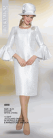 Lily & Taylor <br> (Volume 134) <br> LT4858 <br> <br> White <br> 4 6 8 10 12 14<br>   16 18 20 22 24<BR><BR>Light Jacquard Dress w/Ruffle Sleeves & Rhinestone Brooch