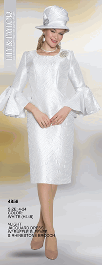 Lily & Taylor <br> (Volume 134) <br> LT4858 <br> <br> White <br> 4 6 8 10 12 14<br>   16 18 20 22 24<BR><BR>Light Jacquard Dress w/Ruffle Sleeves & Rhinestone Brooch