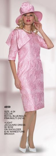 Lily & Taylor <br> (Volume 133) <br> LT4859 <br> <br> Royal  <br>  Blue/Multi   <br>  Pink/Multi <br> 4 6 8 10 12 14 16 18 20 22 24<BR><BR>Light Jacquard Dress w/ Bow on Shoulder & Rhinestone Brooch