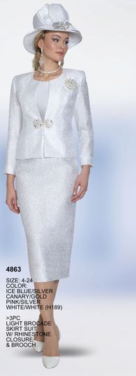 Lily & Taylor <br> (Volume 133) <br> LT4863 <br> <br> Ice-Blue/Silver   <br>  Canary/Gold   <br>  Pink/Silver   <br>  White/White <br> 4 6 8 10 12 14 16 18 20 22 24<BR><BR>3PC Light Brocade Skirt Suit w/ Rhinestone Closure & Brooch