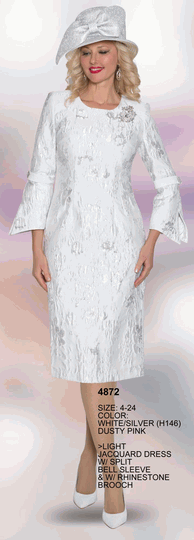 Lily & Taylor <br> (Volume 134) <br> LT4872 <br> <br> White/Silver  <br>  Dusty-Pink <br> 4 6 8 10 12 14<br>   16 18 20 22 24<BR><BR>Light Jacquard Dress w/Split Bell Sleeve & w/ Rhinestone Brooch