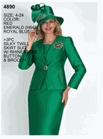 Lily & Taylor <br> (Volume 136) <br> LT4890 <br> <br> RED <br>  EMERALD <br>  ROYAL-BLUE <br> 4 6 8 10 12 14 16 18 20 22 24<BR><BR>3Pc Silky Twill Skirt Suit w/Rhinestone Button & Brooch