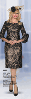 Lily & Taylor <br> (Volume 134) <br> LT4960 <br> <br> Black/Gold  <br>  Lavender/Gold <br> 4 6 8 10 12 14<br>   16 18 20 22 24<BR><BR>Light Brocade Dress w/Peplum Sleeve & Rhinstone Brooch