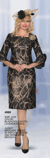 Lily & Taylor <br> (Volume 134) <br> LT4960 <br> <br> Black/Gold  <br>  Lavender/Gold <br> 4 6 8 10 12 14<br>   16 18 20 22 24<BR><BR>Light Brocade Dress w/Peplum Sleeve & Rhinstone Brooch
