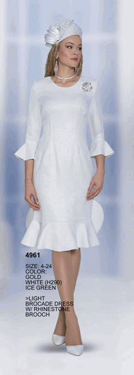 Lily & Taylor <br> (Volume 134) <br> LT4961 <br> <br> Gold  <br>  White  <br>  Ice-Green <br> 4 6 8 10 12 14<br>   16 18 20 22 24<BR><BR>Light Brocade Dress w/Rhinestone Brooch