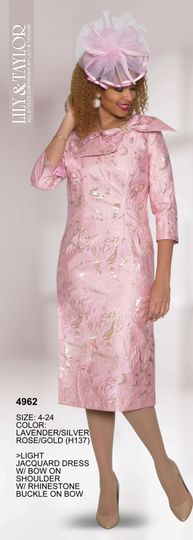 Lily & Taylor <br> (Volume 133) <br> LT4962 <br> <br> Lavender/Silver   <br>  Rose/Gold <br> 4 6 8 10 12 14 16 18 20 22 24<BR><BR>Light Jacquard Dress w/ Bow on Shoulder & Rhinestone Buckle
