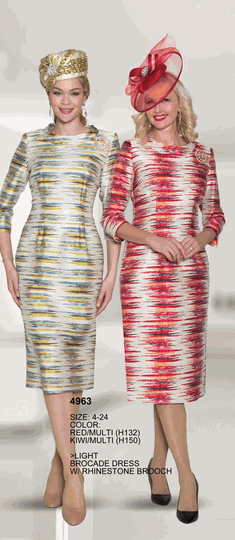 Lily & Taylor <br> (Volume 134) <br> LT4963 <br> <br> Red/Multi  <br>  Kiwi/Multi <br> 4 6 8 10 12 14<br>   16 18 20 22 24<BR><BR>Light Brocade Dress w/Rhinestoe Brooch