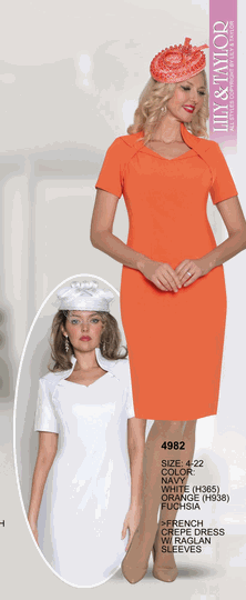 Lily & Taylor <br> (Volume 134) <br> LT4982 <br> <br> Navy  <br>  White  <br>  Orange  <br>  Fuchsia <br> 4 6 8 10 12 14 <br> 16 18 20 22<BR><BR>French Crepe Dress w/Raglan Sleeves