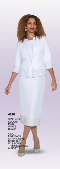 Lily & Taylor <br> (Volume 133) <br> LT4996 <br> <br> Pink   <br>  White   <br>  Black <br> 4 6 8 10 12 14 16 18 20 22 24<BR><BR>3PC Fine Back Satin Crepe Skirt Suit w/ Sequin Trimmed Jacket & Skirt