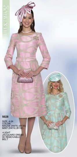 Lily & Taylor <br> (Volume 133) <br> LT5028 <br> <br> Mauve  <br>  Mint <br> 4 6 8 10 12 14 16 18 20 22 24<BR><BR>Light Jacquard Dress w/ Removable Belt