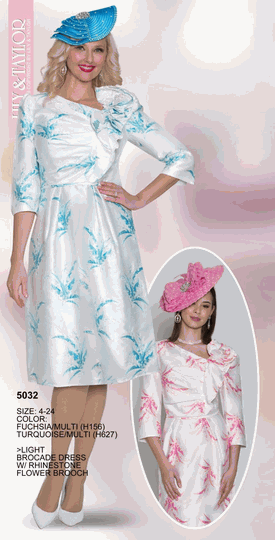 Lily & Taylor <br> (Volume 134) <br> LT5032 <br> <br> Fuchsia/Multi  <br>  Turquoise/Multi <br> 4 6 8 10 12 14<br>   16 18 20 22 24<BR><BR>Light Brocade Dress w/Rhinestone Flower Brooch