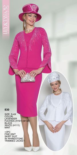 Lily & Taylor <br> (Volume 133) <br> LT830 <br> <br> LAVENDER  <br>  FUCHSIA    <br>  BLACK  <br>  WHITE    <br>  MINT <br> S M L 1x 2x 3x 4x<BR><BR>3PC FINE KNIT SKIRT SUIT W/ RHINESTONE TRIMMED JACKET