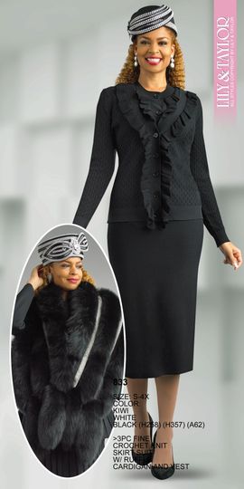 Lily & Taylor <br> (Fall/Holiday 2025 Vol. 132) <br> LT833 <br> <br> Kiwi  <br>  White  <br>  Black <br> S M L XL 1x 2x 3x 4x<BR><BR>3 Piece Fine Crochet Knit Skirt Suit w/Cardigan
