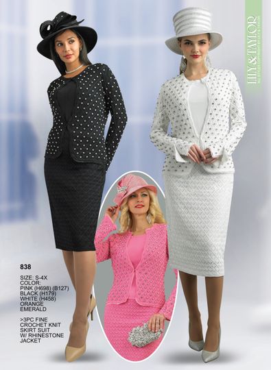 Lily & Taylor <br> (Fall/Holiday 2025 Vol. 132) <br> LT838 <br> <br> Pink  <br>  Black  <br>  White  <br>  Orange  <br>  Emerald <br> S M L XL 1x 2x 3x 4x<BR><BR>3 Piece Fine Crochet Knit Skirt Suit w/Rhinestone Jacket
