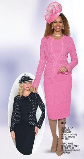 Lily & Taylor <br> (Volume 133) <br> LT838 <br> <br> ORANGE  <br>  BLACK  <br>  PINK  <br>  WHITE <br> S M L 1x 2x 3x 4x<BR><BR>3PC FINE CROCHET KNIT SKIRT SUIT W/ RHINESTONE JACKET
