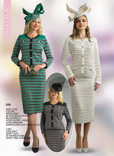 Lily & Taylor <br> (Fall/Holiday 2025 Vol. 132) <br> LT839 <br> <br> Red/Ivory  <br>  Black/Gold  <br>  Black/Multi  <br>  Ivory/Ivory  <br>  Ivory/Brown  <br> Emerald/Black  <br> S M L XL 1x 2x 3x 4x<BR><BR>3 Piece Fine Knit Skirt Suit w/Rhinestone Skirt & Cardigan