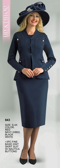Lily & Taylor <br> (Fall/Holiday 2025 Vol. 132) <br> LT843 <br> <br> Red  <br>  Navy  <br>  Black  <br>  White <br> S M L XL 1x 2x 3x 4x<BR><BR>3 Piece Fine Knit Skirt Suit w/Nautica Buttons