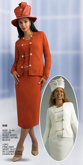 Lily & Taylor <br> (Fall/Holiday 2025 Vol. 132) <br> LT848 <br> <br> Rust  <br>  Ivory  <br>  Black <br> S M L XL 1x 2x 3x 4x<BR><BR>3 Piece Fine Knit Skirt Suit w/Connecting Chain Buttons