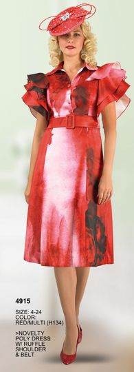 Lily & Taylor <br> (Spring/Summer Vol 129) <br> LT4915 <br> <br> Red/Multi <br> 4 6 8 10 12 14 <br> 16 18 20 22 24<BR><BR>Novelty Poly Dress w/Ruffle Shoulder & Belt