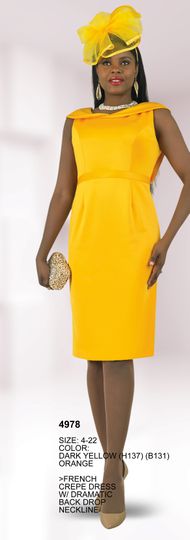 Lily & Taylor <br> (Spring/Summer Vol 129) <br> LT4978 <br> <br> Dark-Yellow  <br>  Orange <br> 4 6 8 10 12 14 <br> 16 18 20 22<BR><BR>French Crepe Dress w/Dramatic Back Drop Neckline