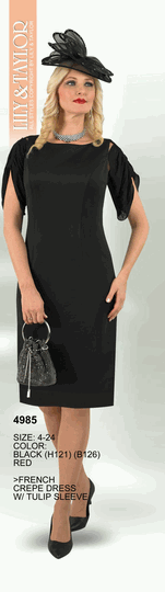 Lily & Taylor <br> (Volume 134) <br> LT4985 <br> <br> Black  <br>  Red <br> 4 6 8 10 12 14<br>   16 18 20 22 24<BR><BR>French Crepe Dress w/Tulip Sleeve