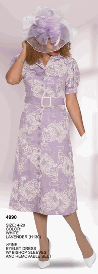 Lily & Taylor <br> (Volume 134) <br> LT4990 <br> <br> White  <br>  Lavender <br> 4 6 8 10 12 <br> 14 16 18 20<BR><BR>Fine Eyelet Dress w/Bishop Sleeves & Removable Belt
