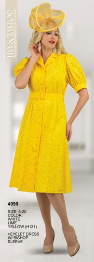 Lily & Taylor <br> (Spring/Summer Vol 129) <br> LT4990 <br> <br> White  <br>  Lime  <br>  Yellow <br> 6 8 10 12 <br> 14 16 18 20<BR><BR>Eyelet Dress w/Bishop Sleeves